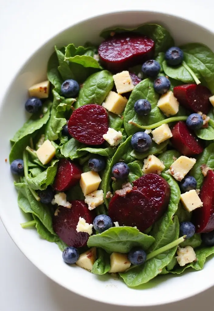 25+ Beet Salad Recipes That Are Vibrant and Delicious - 12. Beet, Spinach and Blueberry Salad