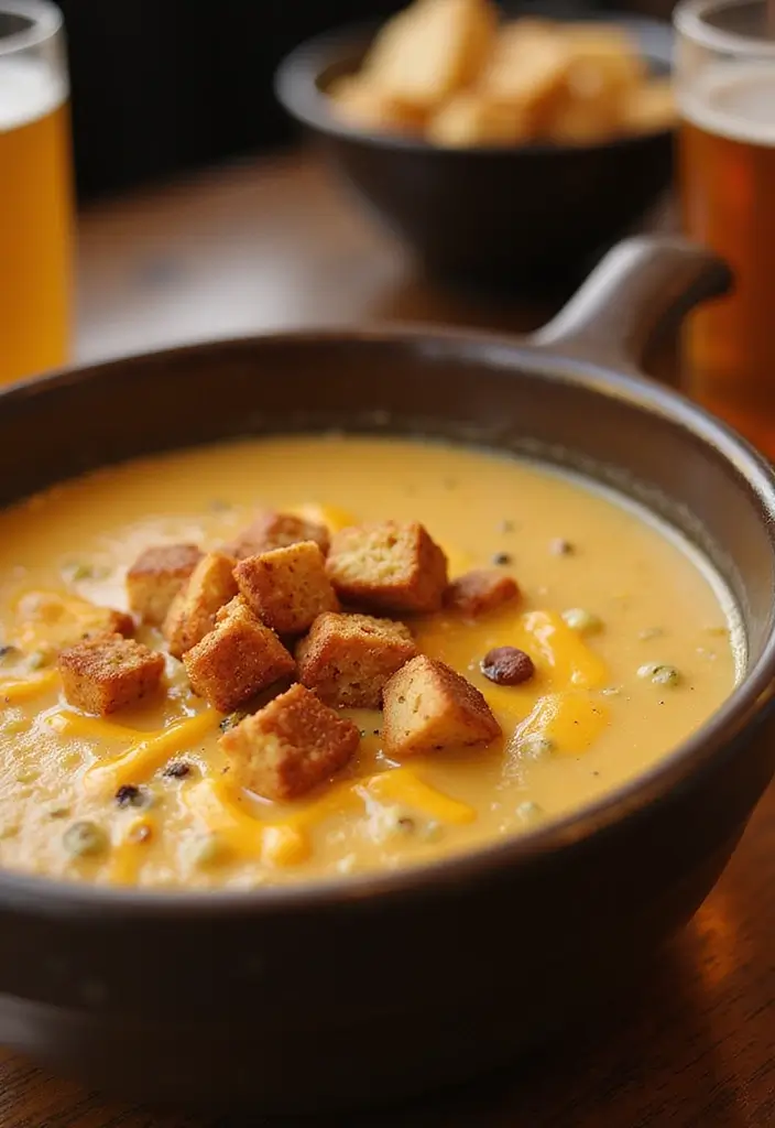 25+ Cheddar Cheese Soup Recipes That Are Rich and Creamy - 22. Beer and Cheddar Soup with Pretzel Croutons