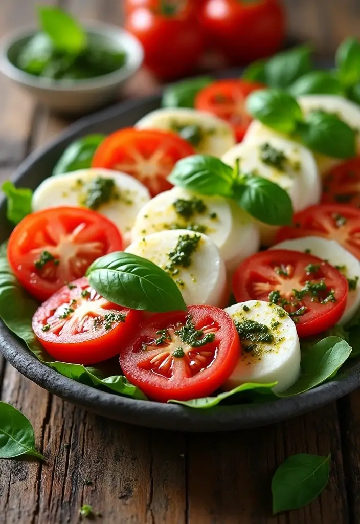 25+ Mixed Green Salad Recipes for Easy Healthy Meals - 11. Caprese Salad with Basil Pesto