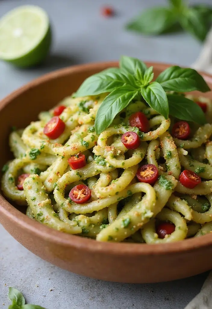 25+ Pesto Pasta Salad Recipes Full of Fresh Basil Flavor - 10. Spicy Pesto Pasta Salad