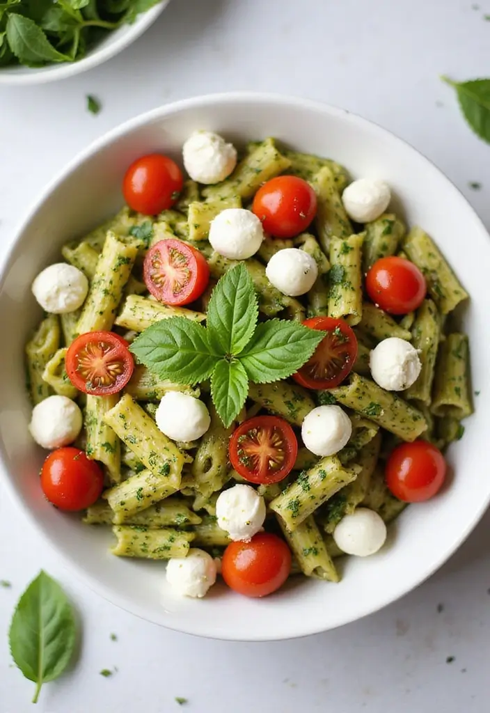 25+ Pesto Pasta Salad Recipes Full of Fresh Basil Flavor - 11. Caprese Pesto Pasta Salad