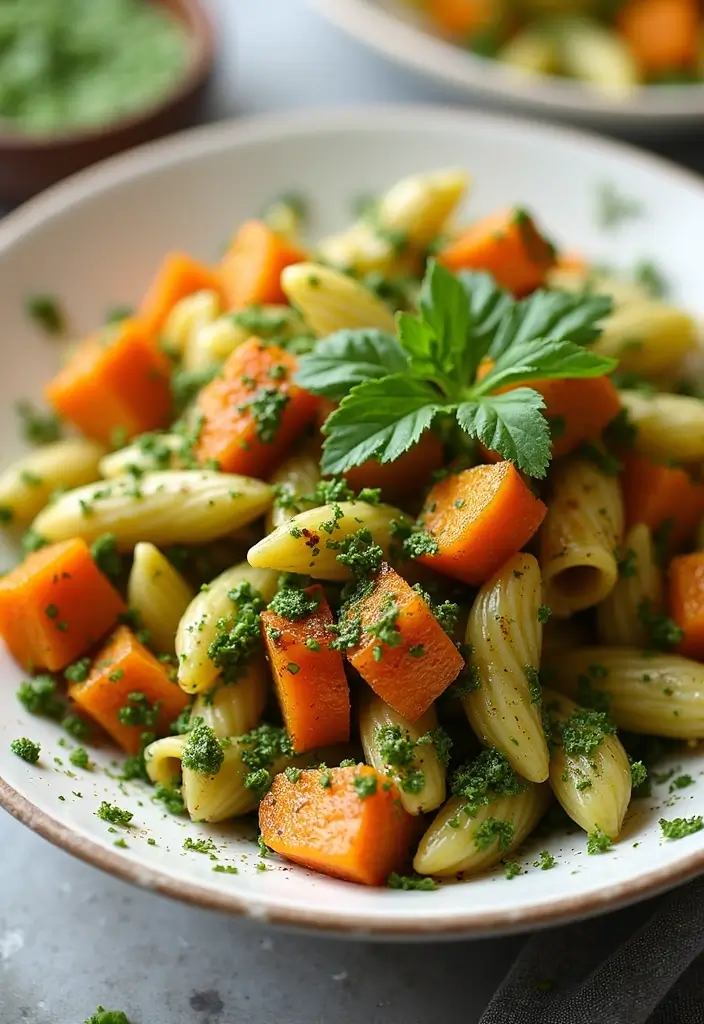 25+ Pesto Pasta Salad Recipes Full of Fresh Basil Flavor - 12. Sweet Potato Pesto Pasta Salad