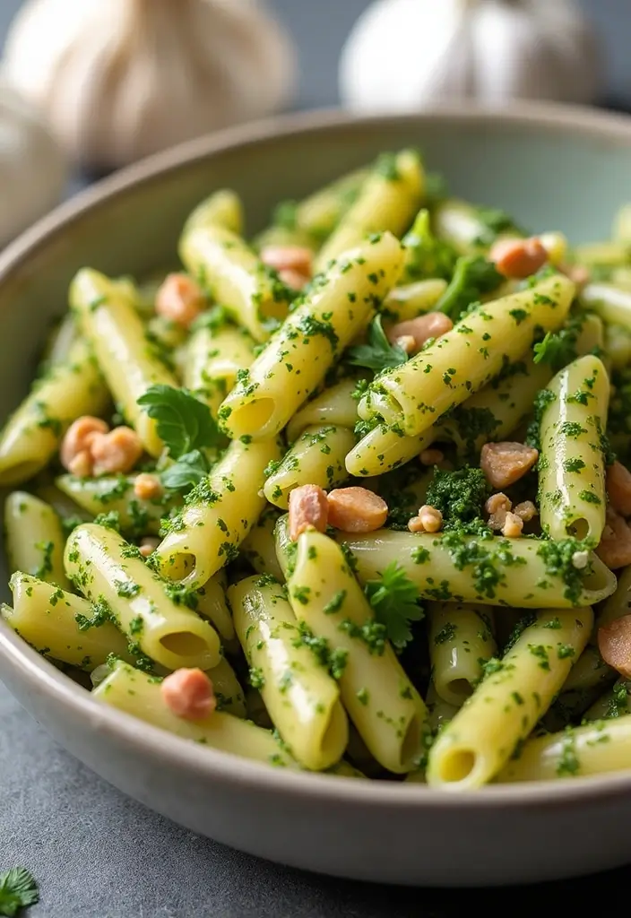 25+ Pesto Pasta Salad Recipes Full of Fresh Basil Flavor - 19. Garlic Pesto Pasta Salad