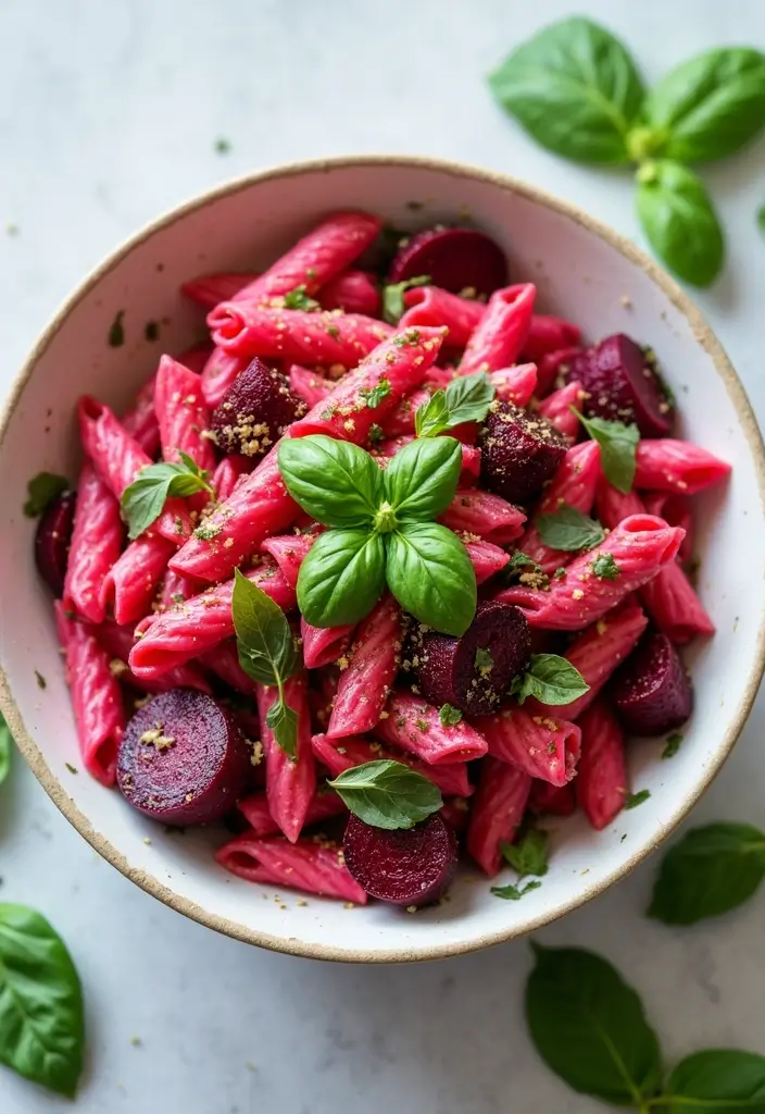 25+ Pesto Pasta Salad Recipes Full of Fresh Basil Flavor - 7. Beet and Pesto Pasta Salad