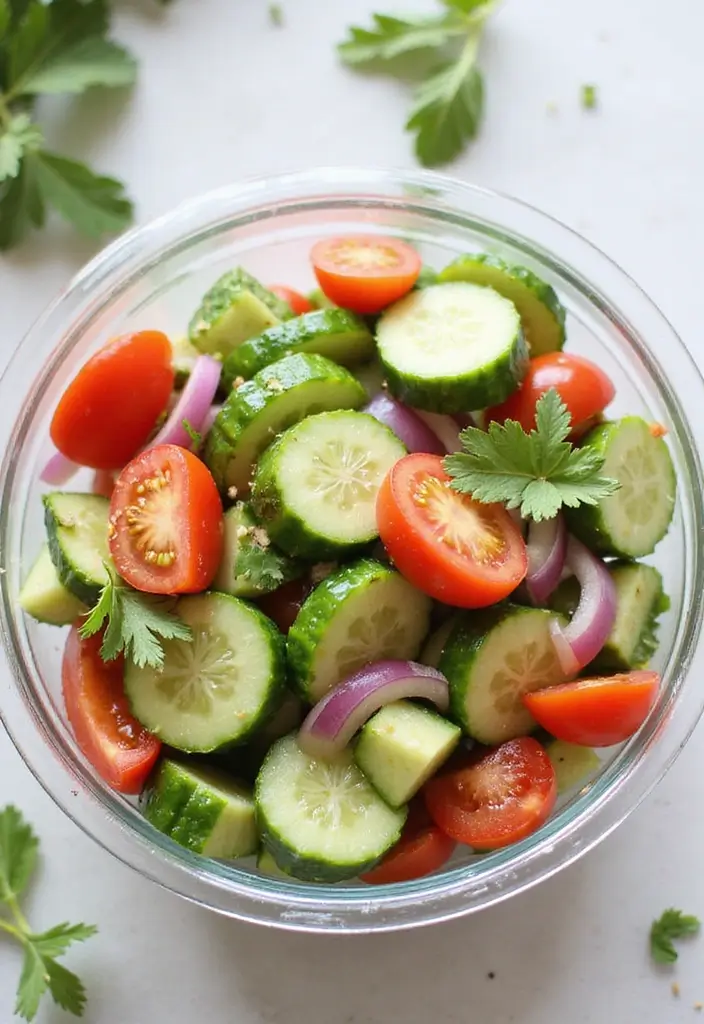 25+ Potluck Salad Recipes That Always Impress - 10. Cucumber and Tomato Salad