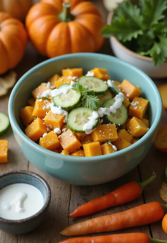 25+ Pumpkin Salad Recipes for Fall Flavor Lovers - 20. Pumpkin & Cucumber Salad with Yogurt Dressing