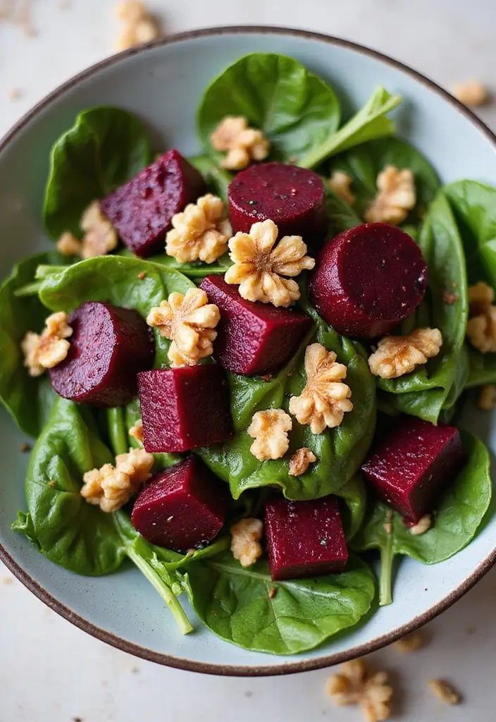 30 Beetroot Salad Recipes Full of Color and Flavor - 10. Beetroot and Spinach Salad with Walnuts