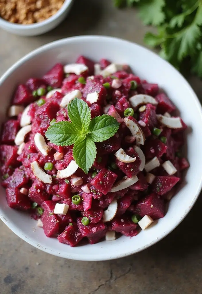 30 Beetroot Salad Recipes Full of Color and Flavor - 24. Beetroot and Coconut Salad