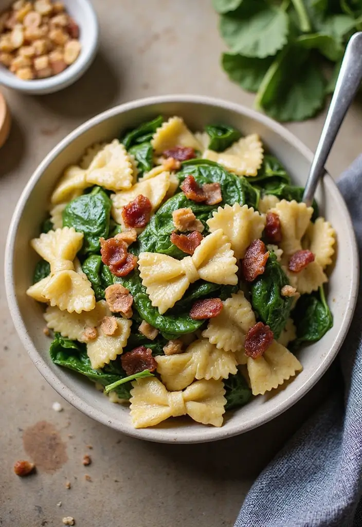 30 Bowtie Pasta Salad Recipes That Steal the Show - 15. Warm Spinach Bacon Bowtie Pasta Salad