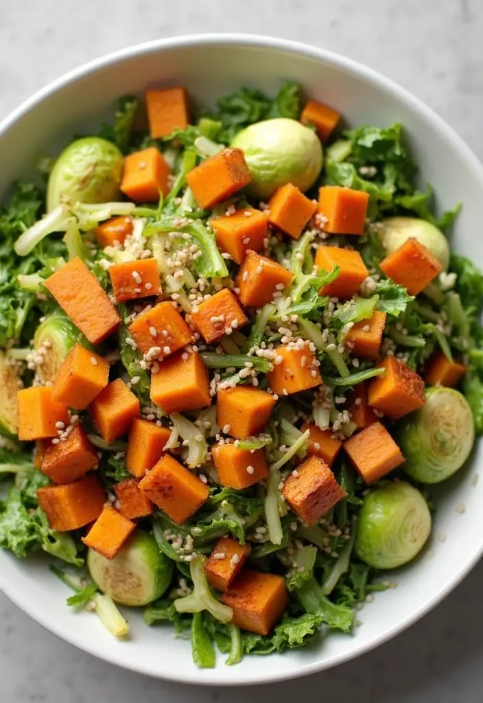 30 Brussels Sprout Salad Recipes for Crunchy Goodness - 21. Brussels Sprout Salad with Sweet Potatoes and Maple Dressing