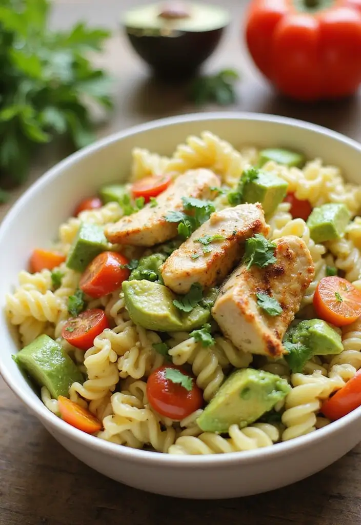 30 Chicken Pasta Salad Recipes for Easy Dinners - 15. Creamy Avocado Chicken Pasta Salad