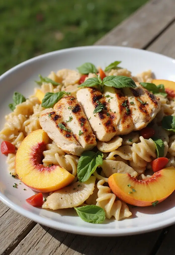 30 Chicken Pasta Salad Recipes for Easy Dinners - 21. Grilled Peach and Chicken Pasta Salad