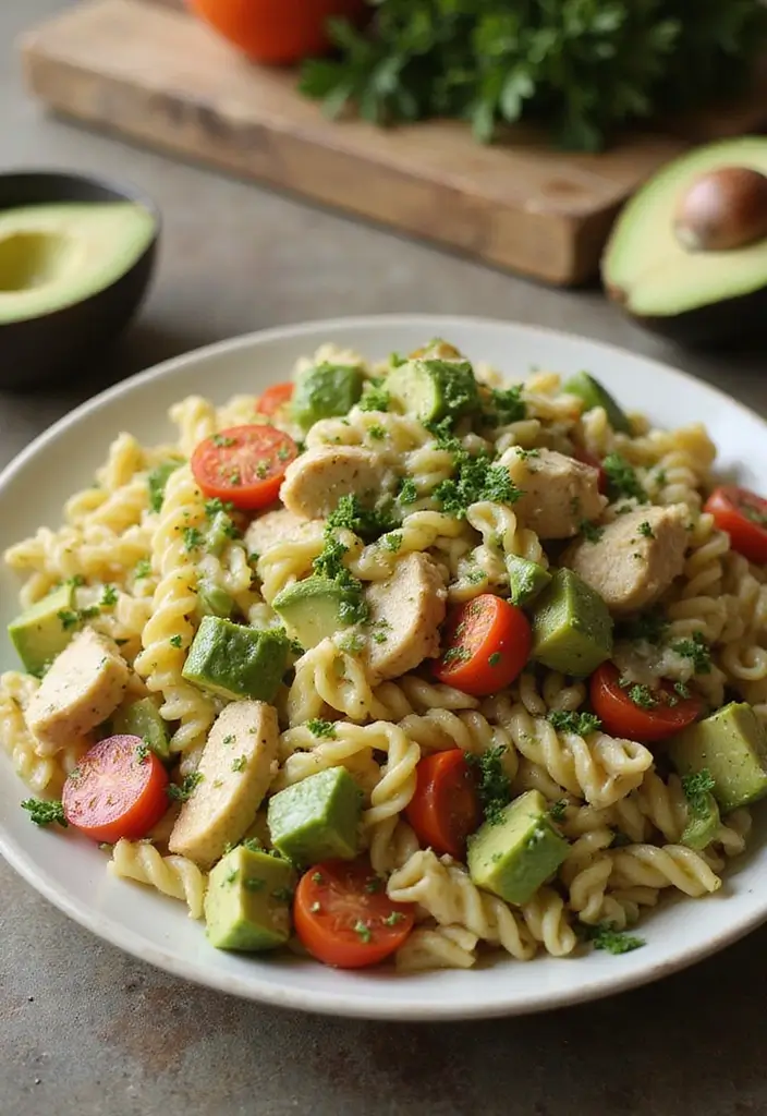 30 Chicken Pasta Salad Recipes for Easy Dinners - 25. Avocado Ranch Chicken Pasta Salad