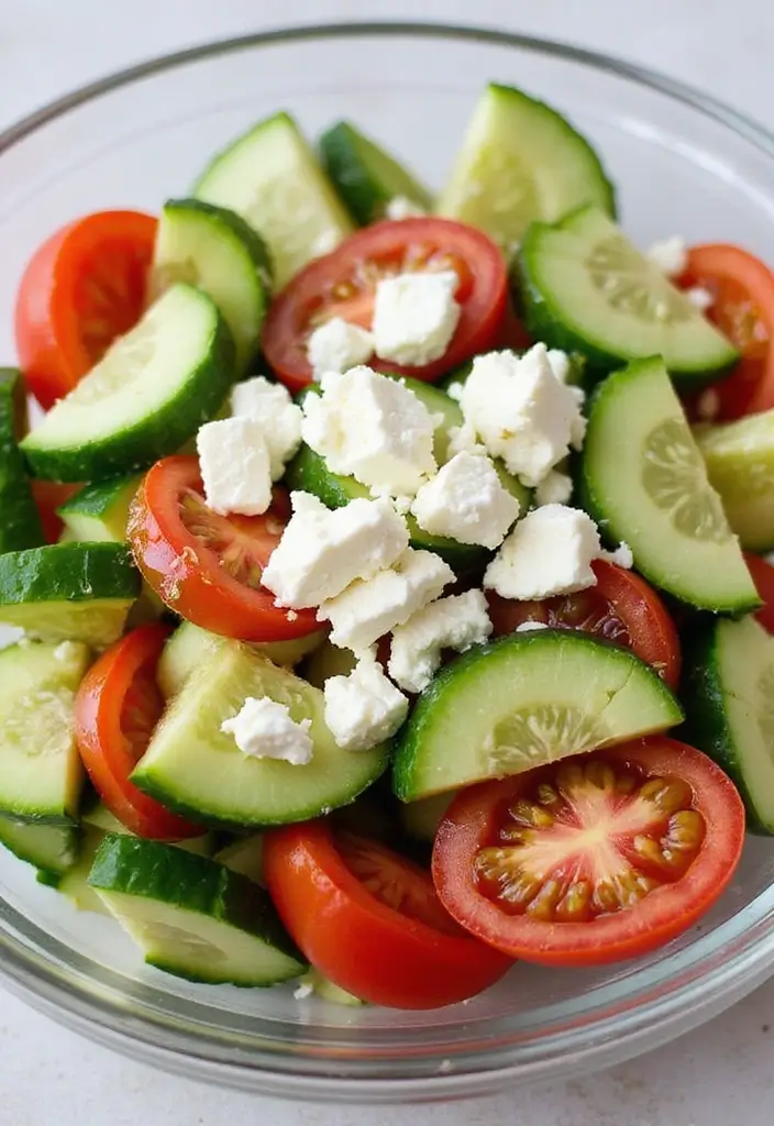30 Raw Salad Recipes That Are Fresh and Full of Crunch - 12. Cucumber and Tomato Salad with Feta