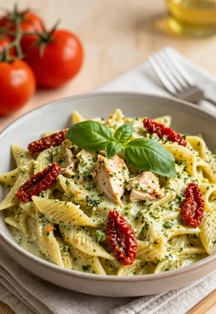 12 Chicken Pesto Pasta Recipes for Creamy Herby Weeknight Favorites 11. Chicken Pesto Pasta with Sun Dried Tomatoes 0