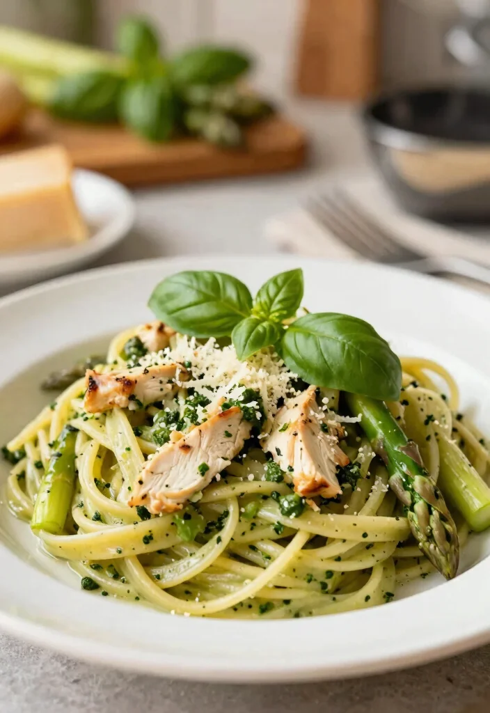 12 Chicken Pesto Pasta Recipes for Creamy Herby Weeknight Favorites 12. Chicken Pesto Pasta with Asparagus 0